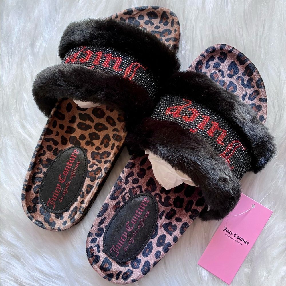 NIB Juicy Couture Women's Leopard Faux Fur Embellished Slides